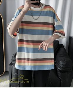 Tシャツ | カットソー メンズ ストライプ カジュアルクルーネック 5分袖 ワイドトップス メンズスタイル カッコウイイ 夏服 上品 日常感