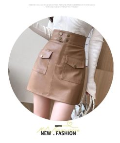 スカート | ミニレディース レザー タイトハイウエスト ポケット インナーパンツ付き ハイウエスト 韓国ファッション フェイクレザー