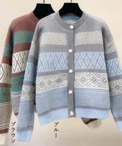 ニット・セーター | 幾何学柄カーディガン配色切替え韓国風