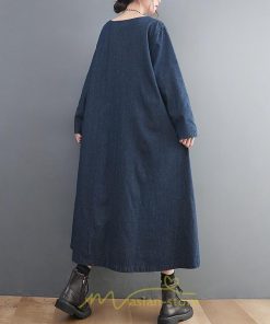 デニムワンピース | ワンピース デニム レディース 40代 ロング チュニック 長袖 ゆったり かわいい 大きいサイズ 藍 大きいポケット 体型カバー