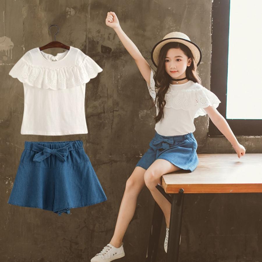 （子供）その他 | 女の子 キッズ ジュニア 上下セット パンツ 半袖 シンプル トップス Tシャツキュロットセット 可愛いスタイル Tシャツ 子供服
